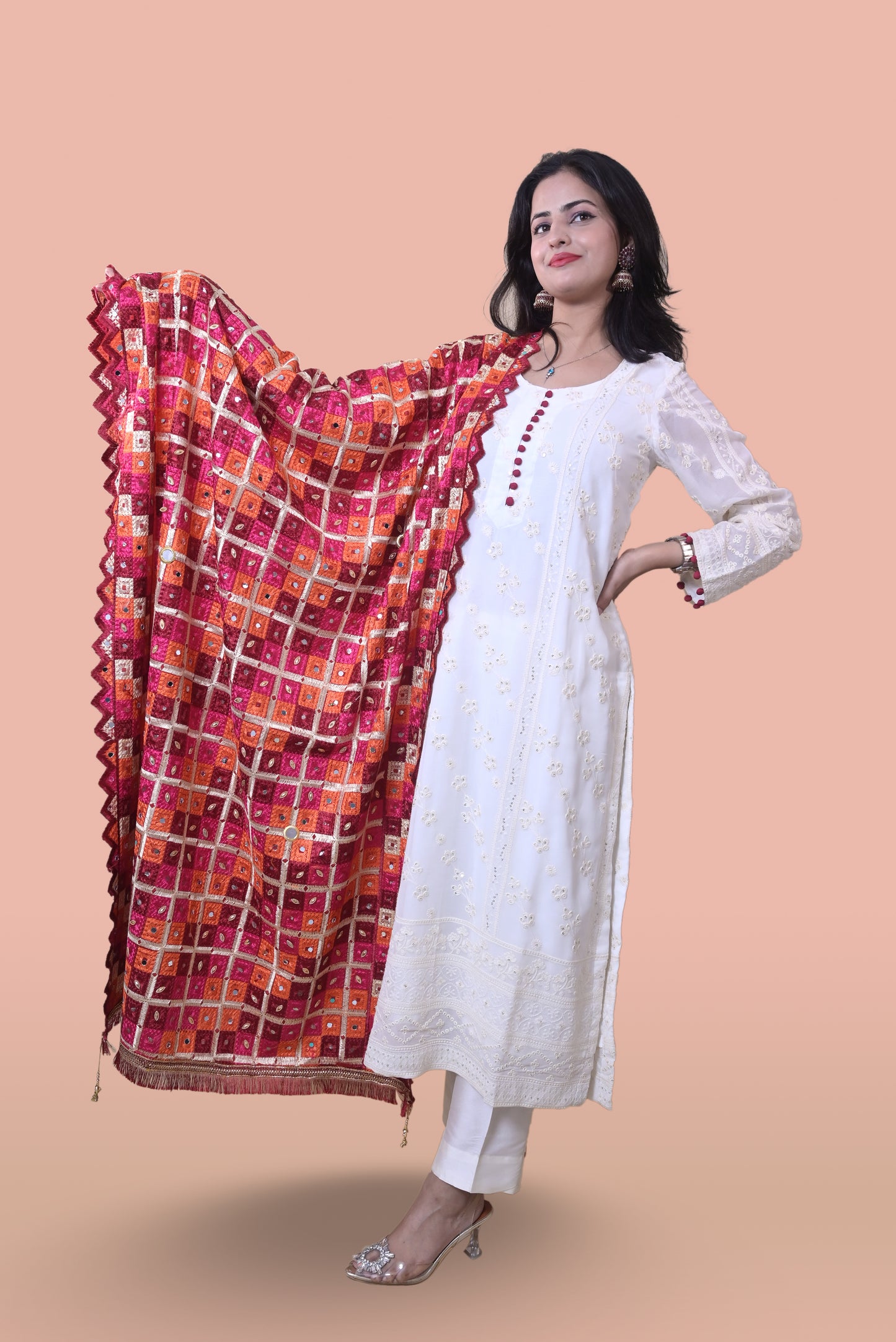 White Suit with Red Phulkari Dupatta