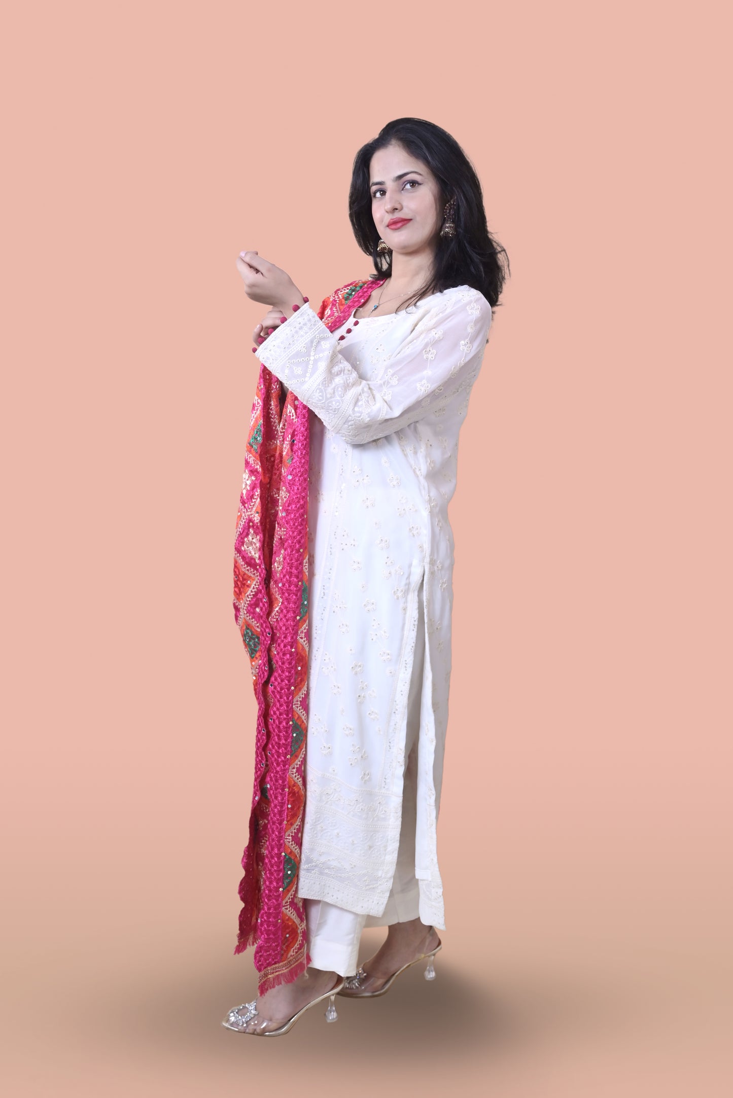White Suit with Magenta Phulkari Dupatta