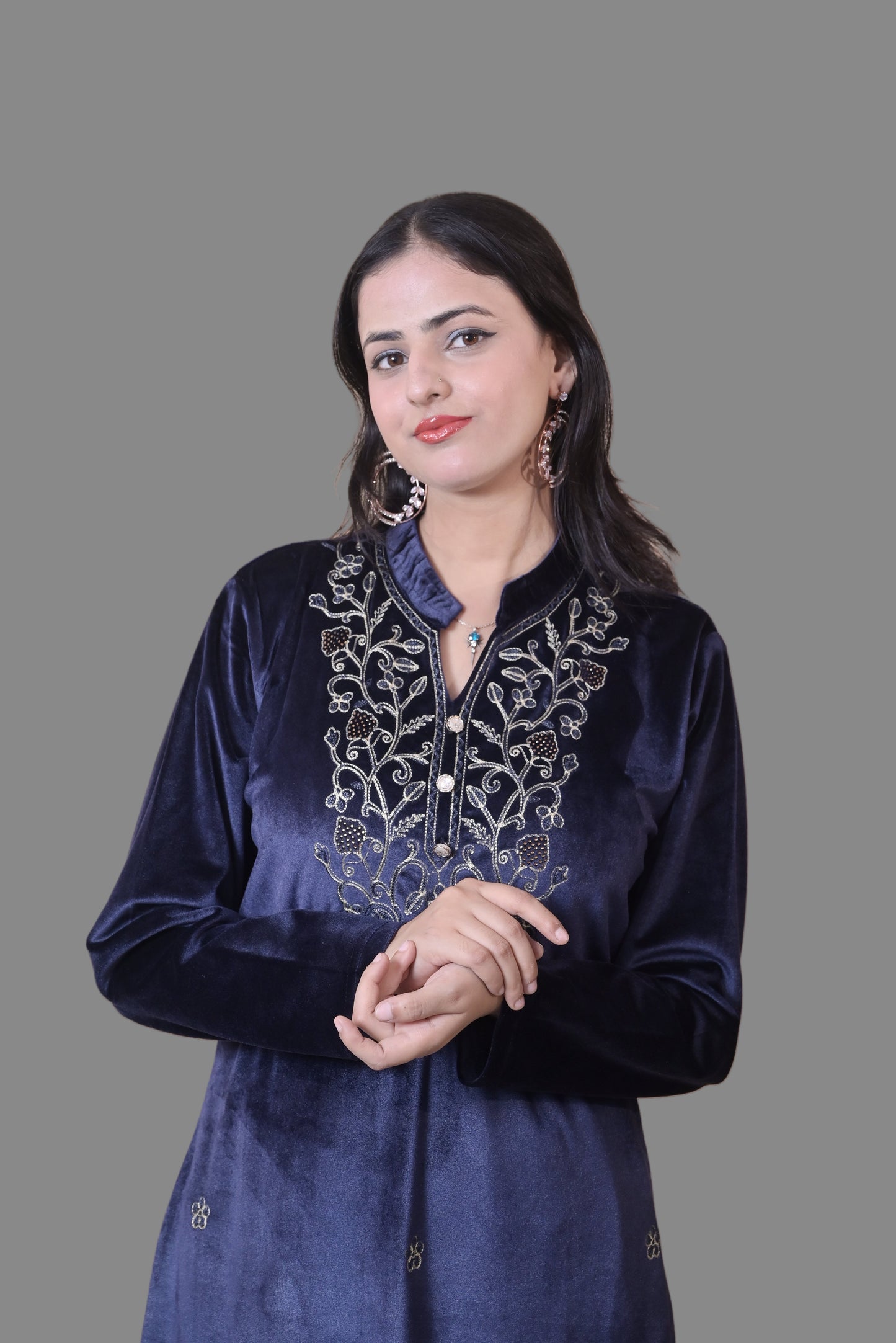 Navy Blue Velvet Shawl Kurta Set