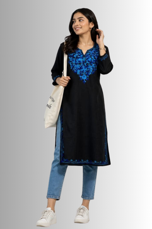 Black Cotton Kurta With Blue Kashmiri Embroidery