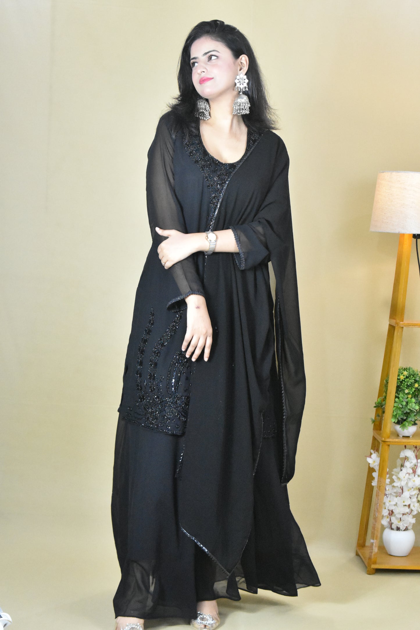 BLACK HANDWORK KURTA WITH SHARARA AND DUPATTA