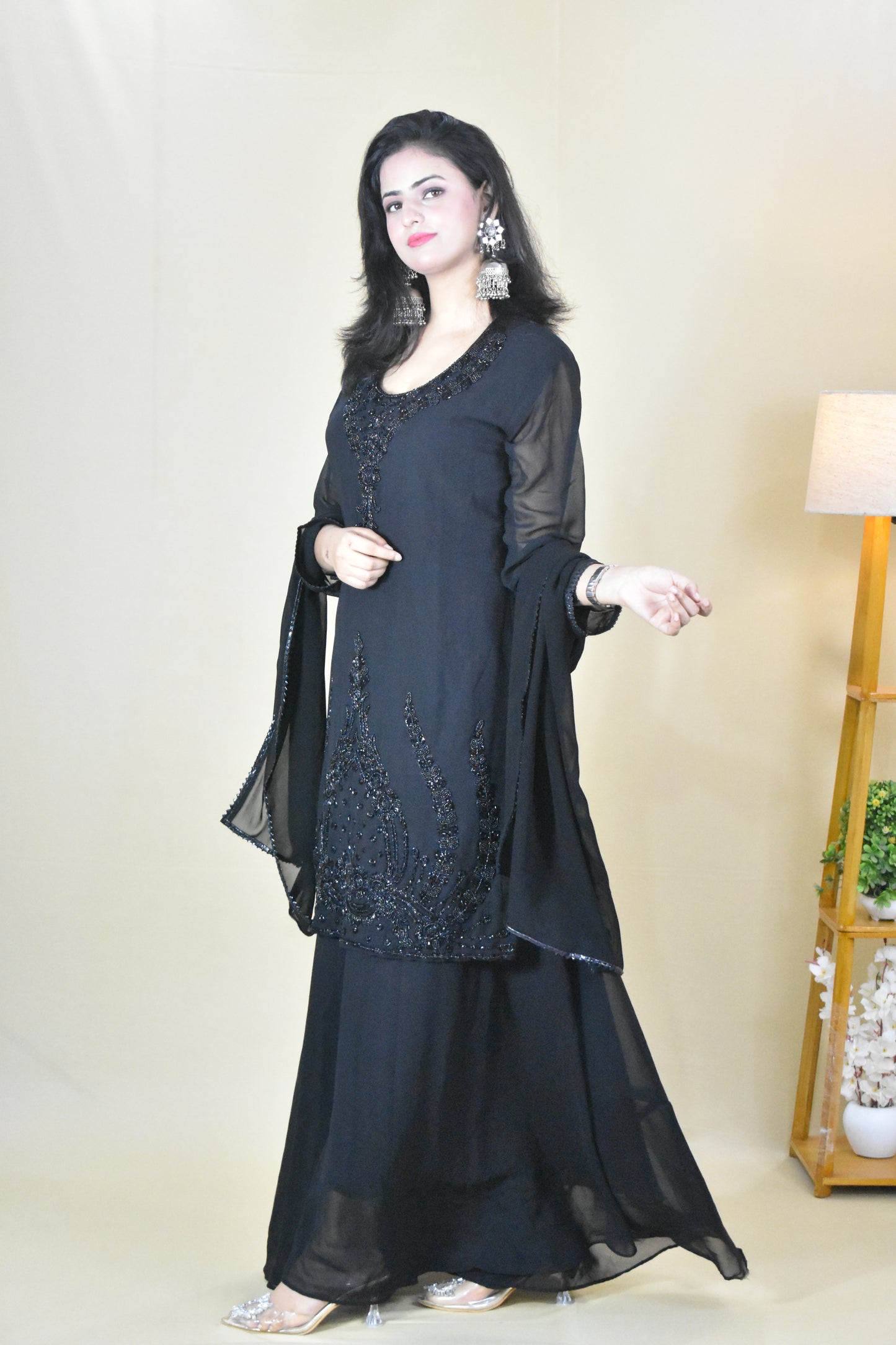 BLACK HANDWORK KURTA WITH SHARARA AND DUPATTA