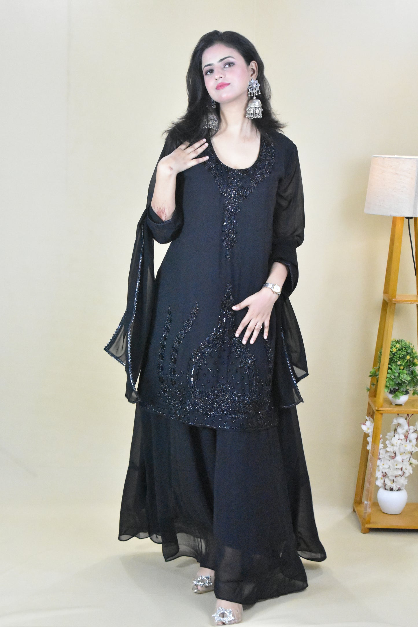 BLACK HANDWORK KURTA WITH SHARARA AND DUPATTA