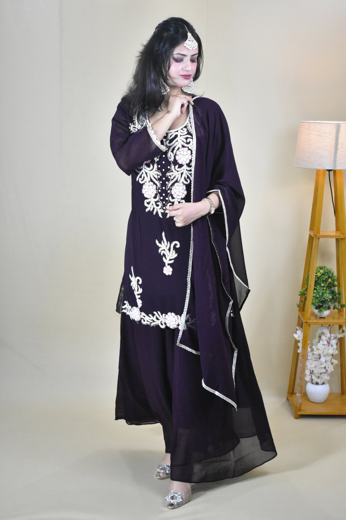 DARK PURPLE HANDWORK KURTA WITH SHARARA AND DUPATTA