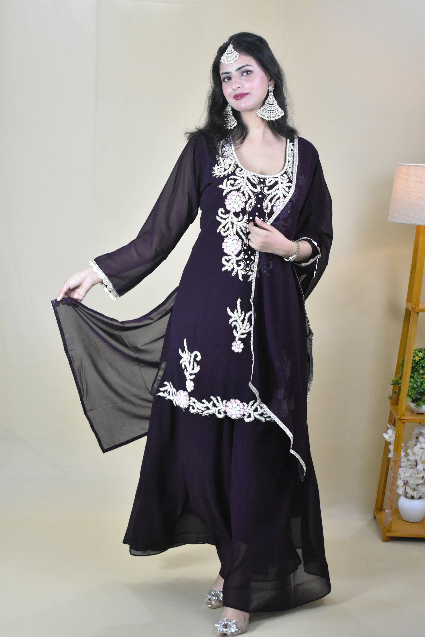 DARK PURPLE HANDWORK KURTA WITH SHARARA AND DUPATTA
