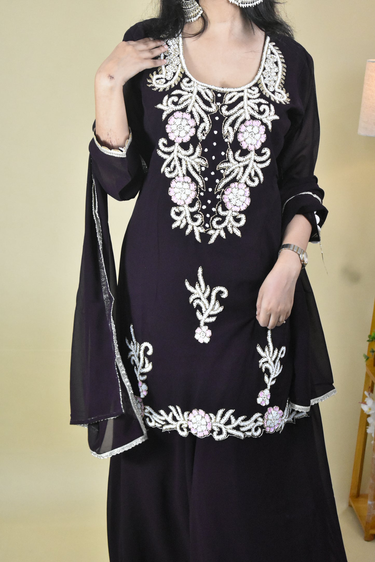 DARK PURPLE HANDWORK KURTA WITH SHARARA AND DUPATTA
