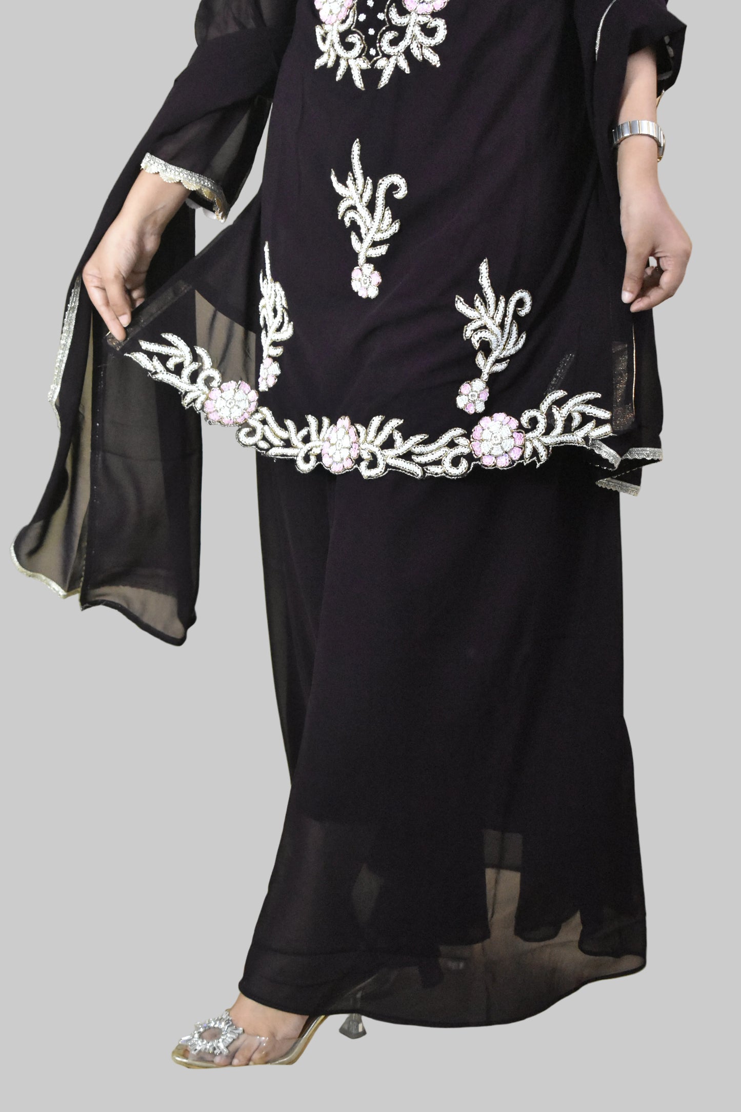 DARK PURPLE HANDWORK KURTA WITH SHARARA AND DUPATTA