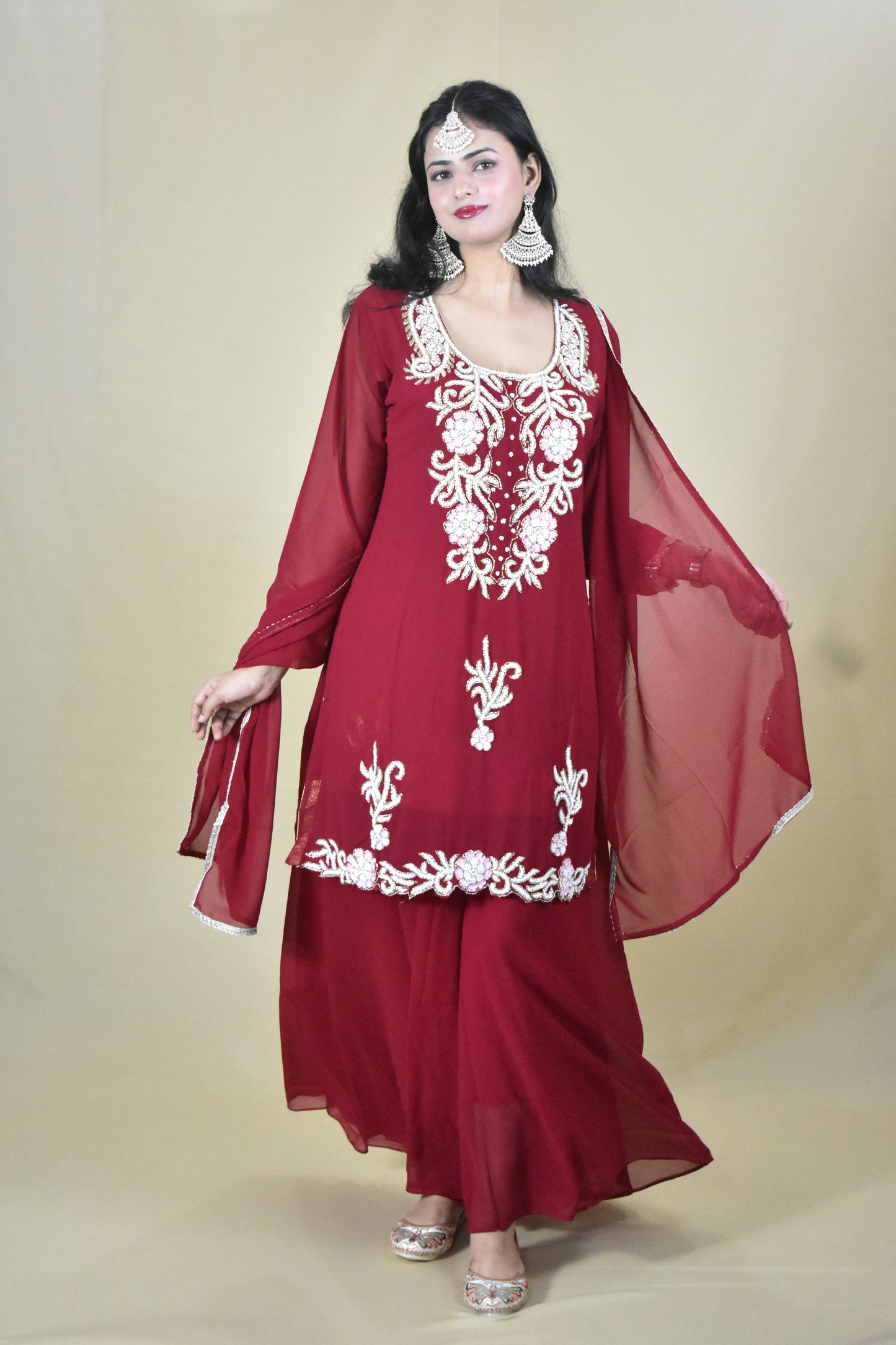 MAROON HANDWORK KURTA WITH SHARARA AND DUPATTA