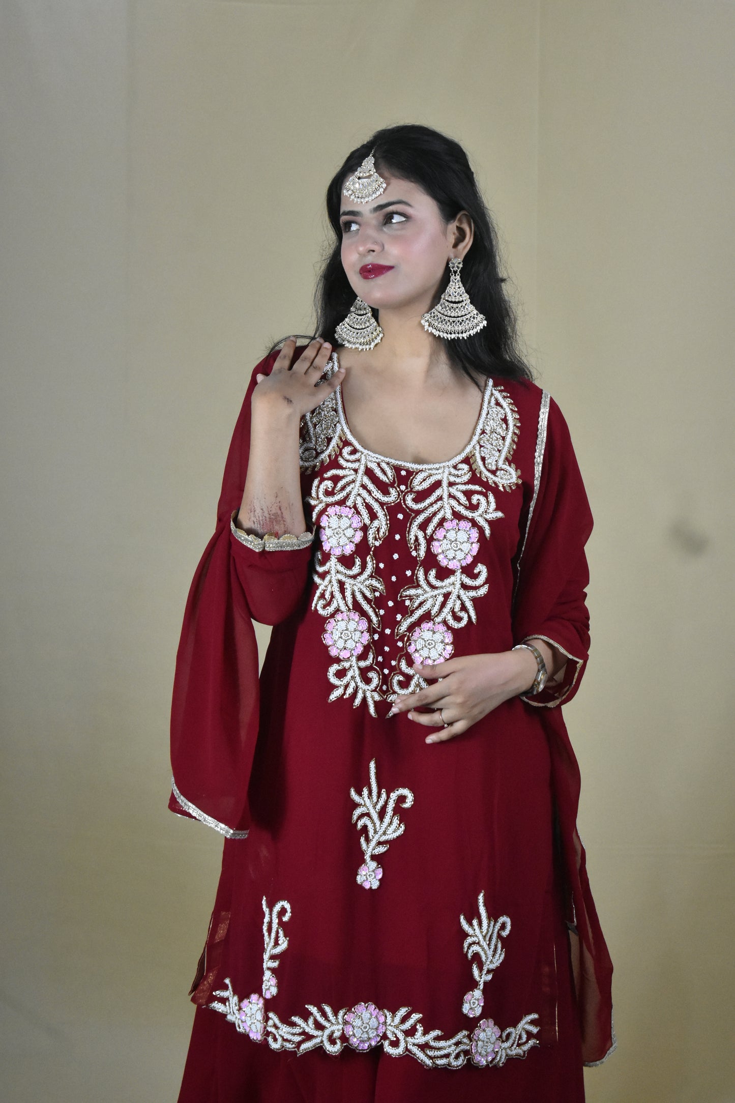 MAROON HANDWORK KURTA WITH SHARARA AND DUPATTA