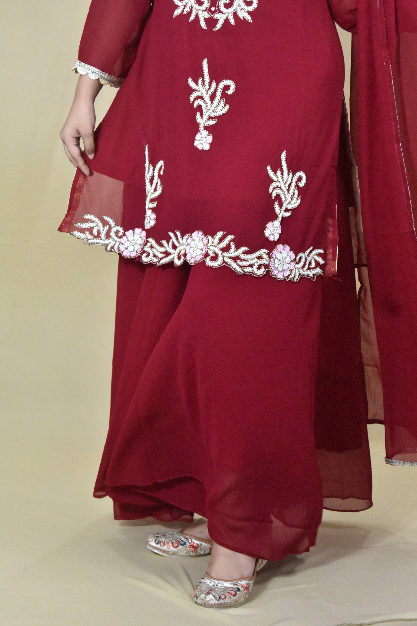 MAROON HANDWORK KURTA WITH SHARARA AND DUPATTA