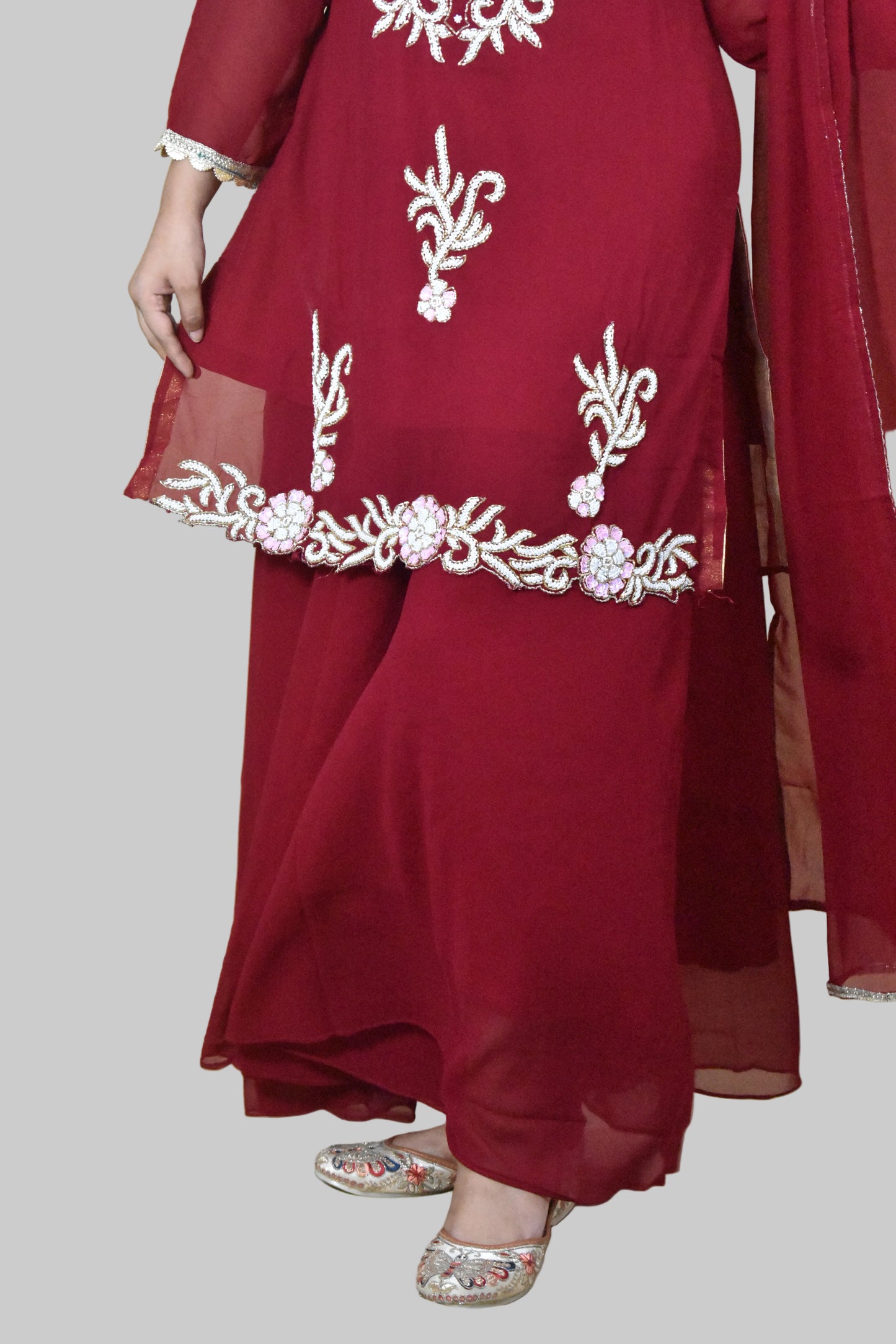 MAROON HANDWORK KURTA WITH SHARARA AND DUPATTA