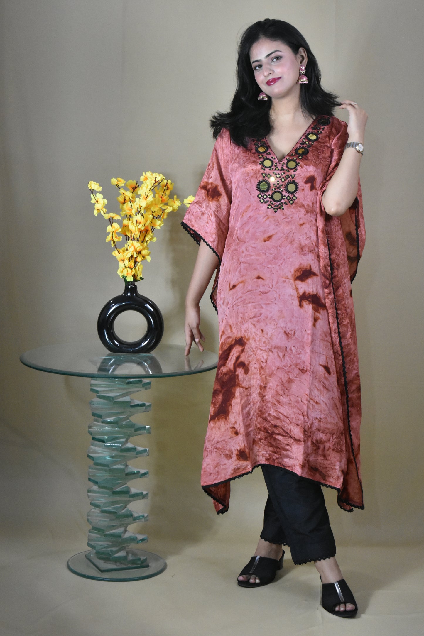 COPPER AND BLACK V-NECK KAFTAN WITH SEPARATE INNER AND TROUSER