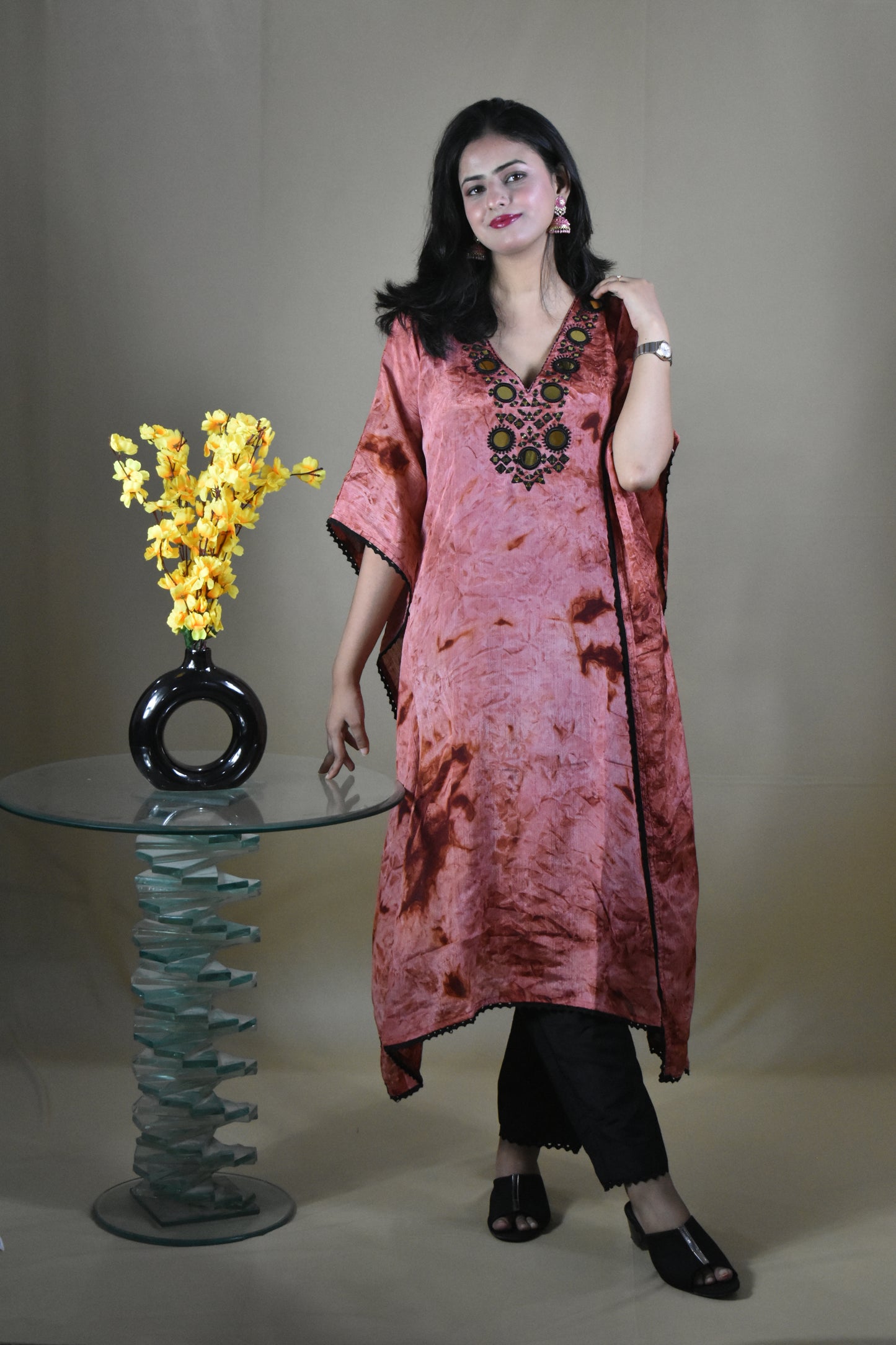 COPPER AND BLACK V-NECK KAFTAN WITH SEPARATE INNER AND TROUSER