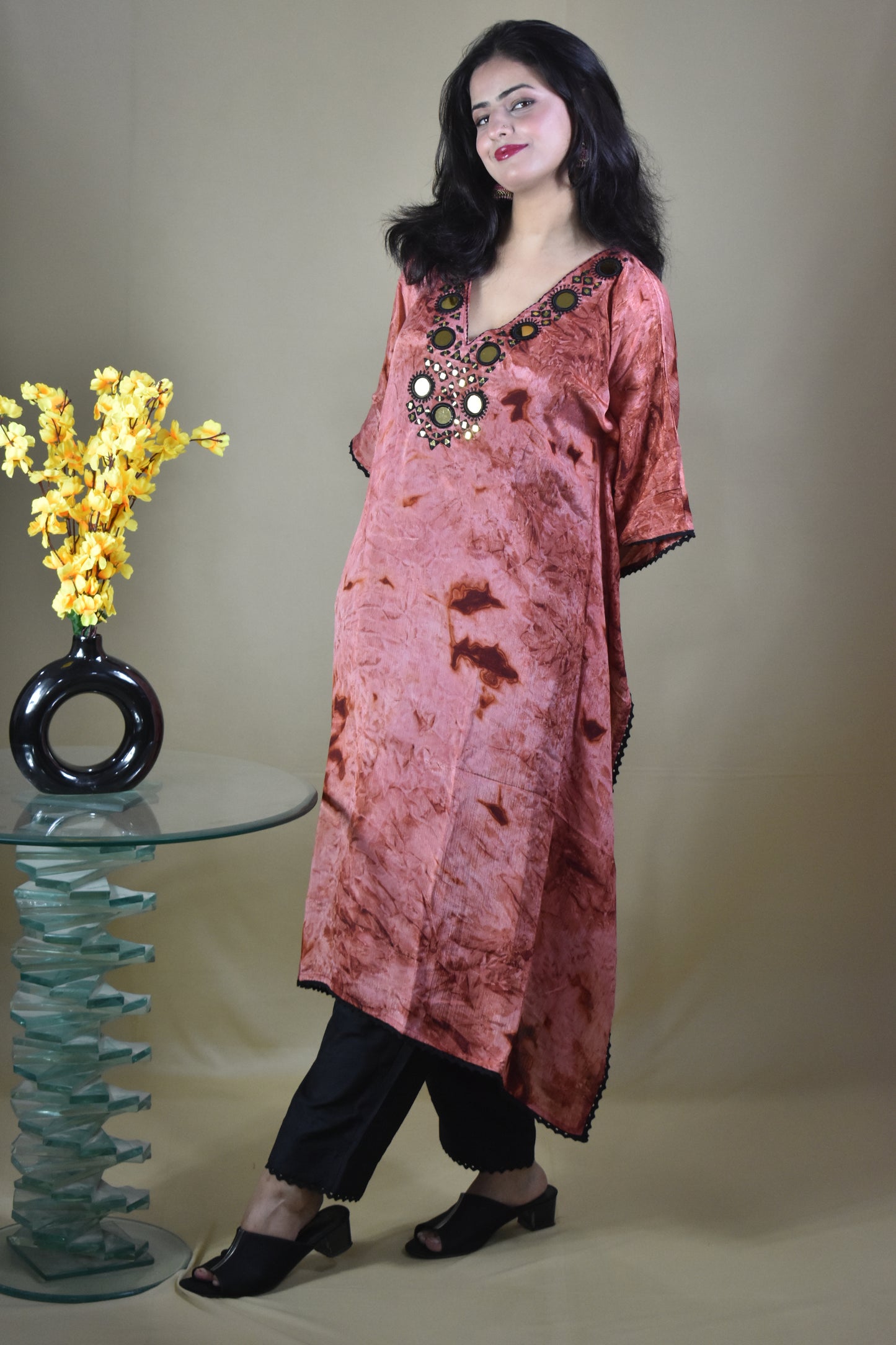 COPPER AND BLACK V-NECK KAFTAN WITH SEPARATE INNER AND TROUSER