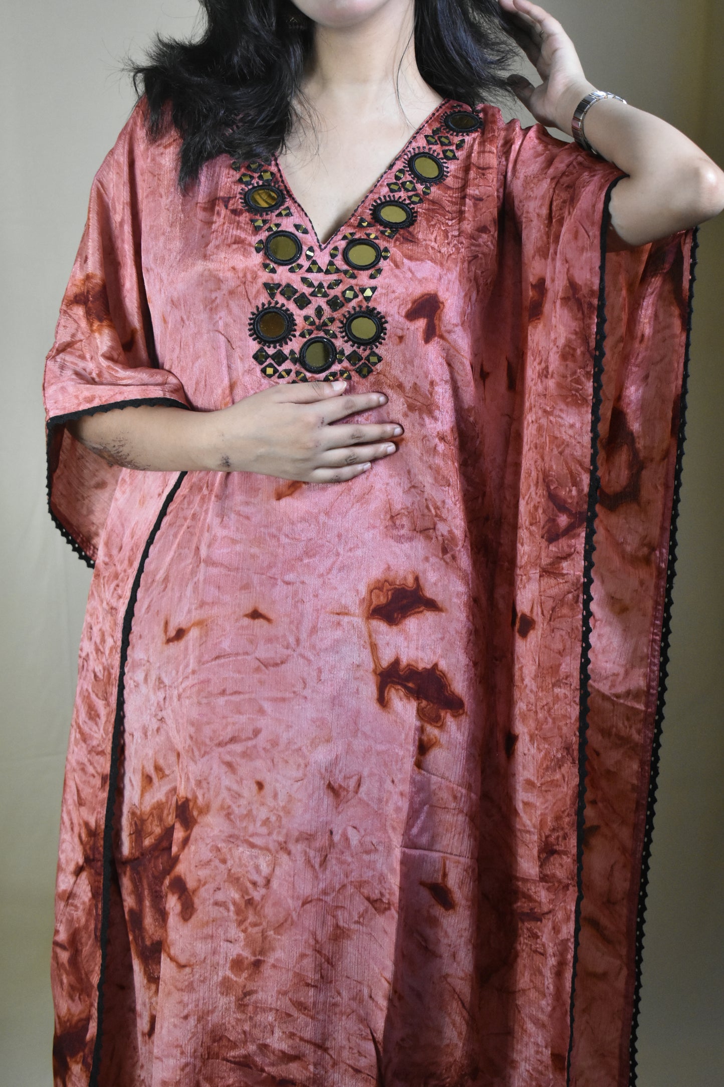 COPPER AND BLACK V-NECK KAFTAN WITH SEPARATE INNER AND TROUSER