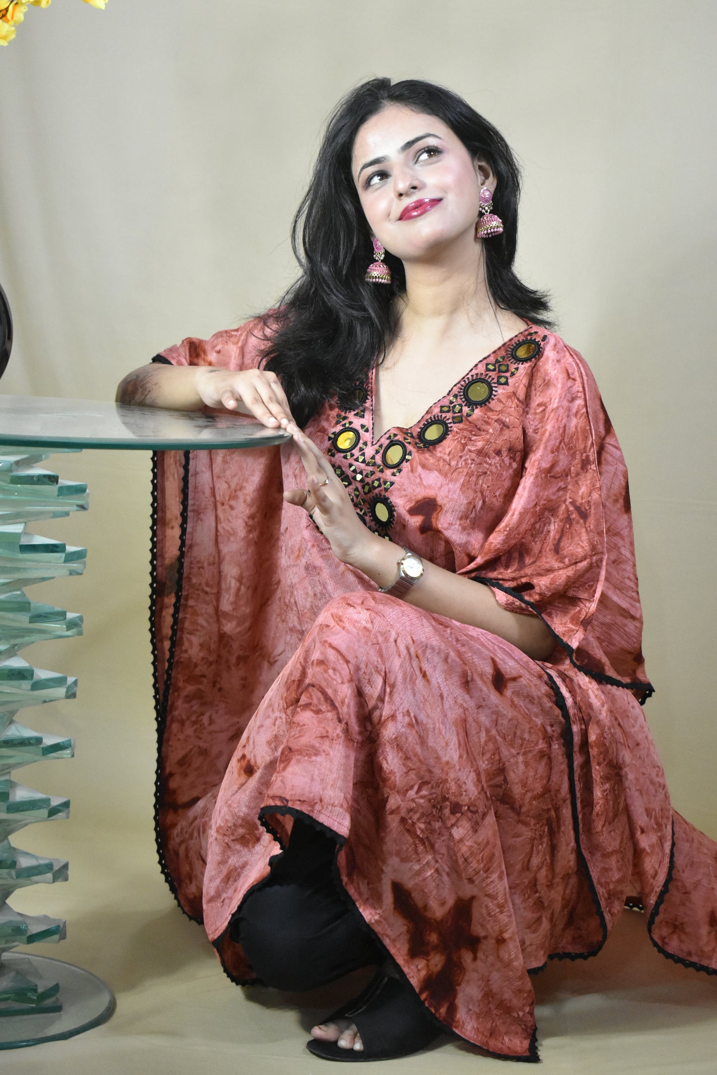 COPPER AND BLACK V-NECK KAFTAN WITH SEPARATE INNER AND TROUSER