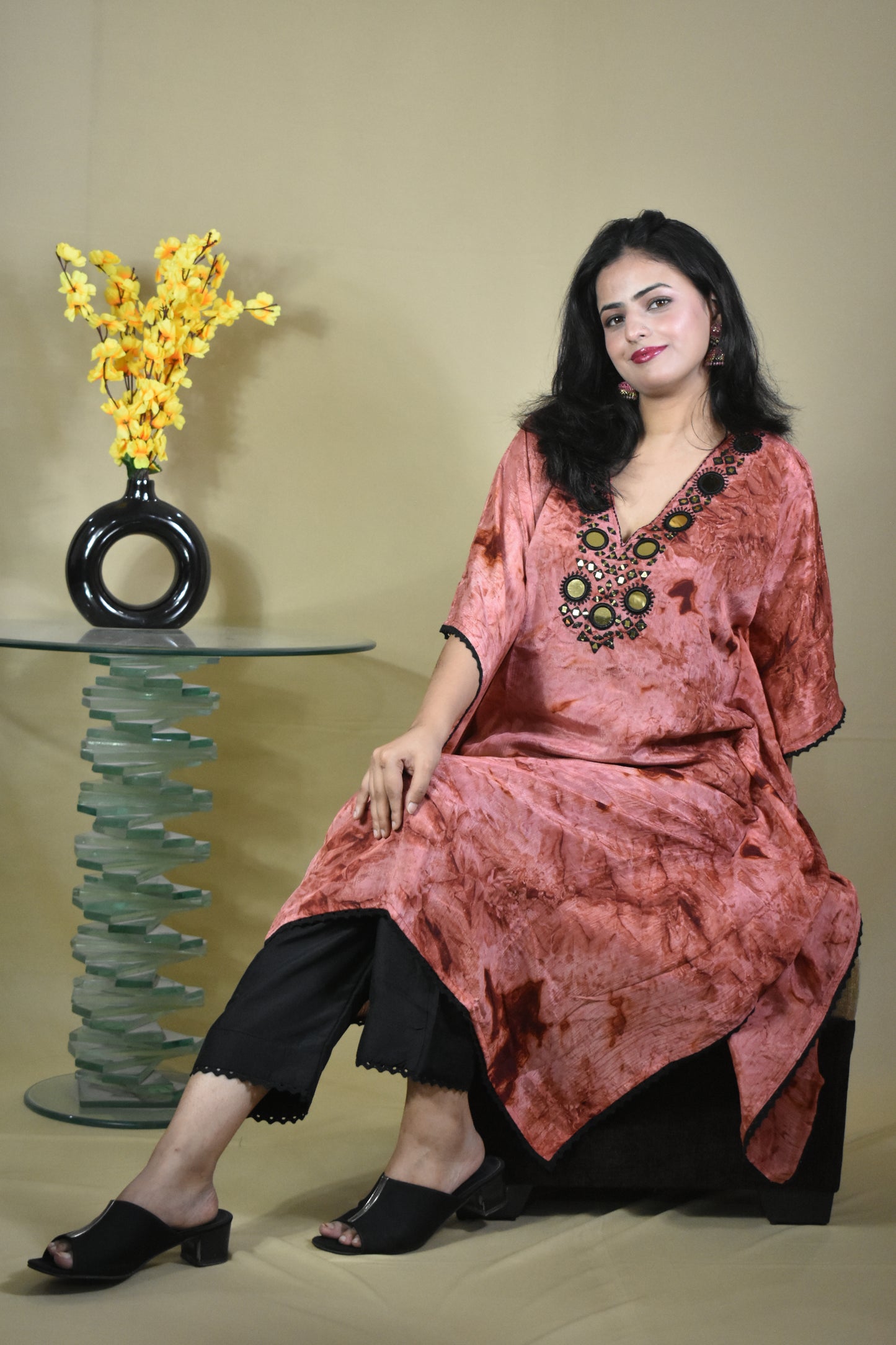COPPER AND BLACK V-NECK KAFTAN WITH SEPARATE INNER AND TROUSER