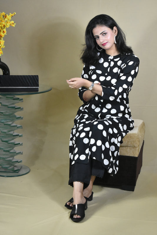BLACK AND BEAUTIFUL VISCOSE RAYON A LINE KURTA AND PANT SET