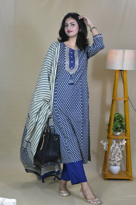 Blue Printed Cotton Suit Set