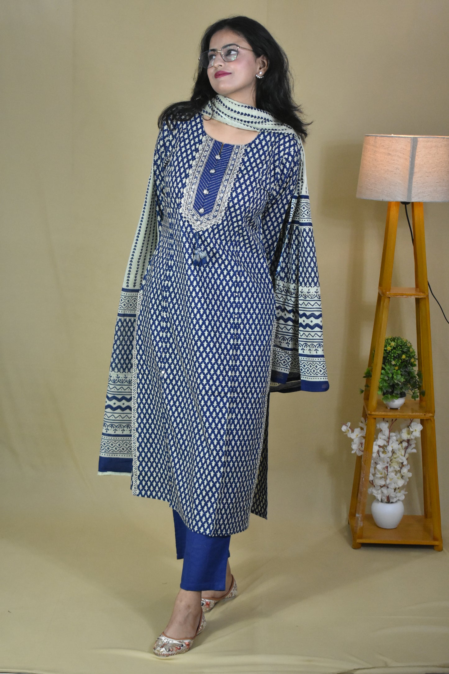 Blue Printed Cotton Suit Set