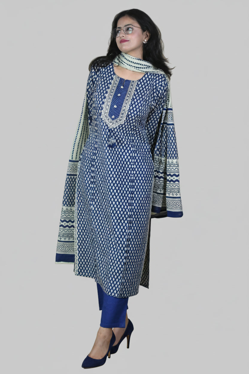 Blue Printed Cotton Suit Set
