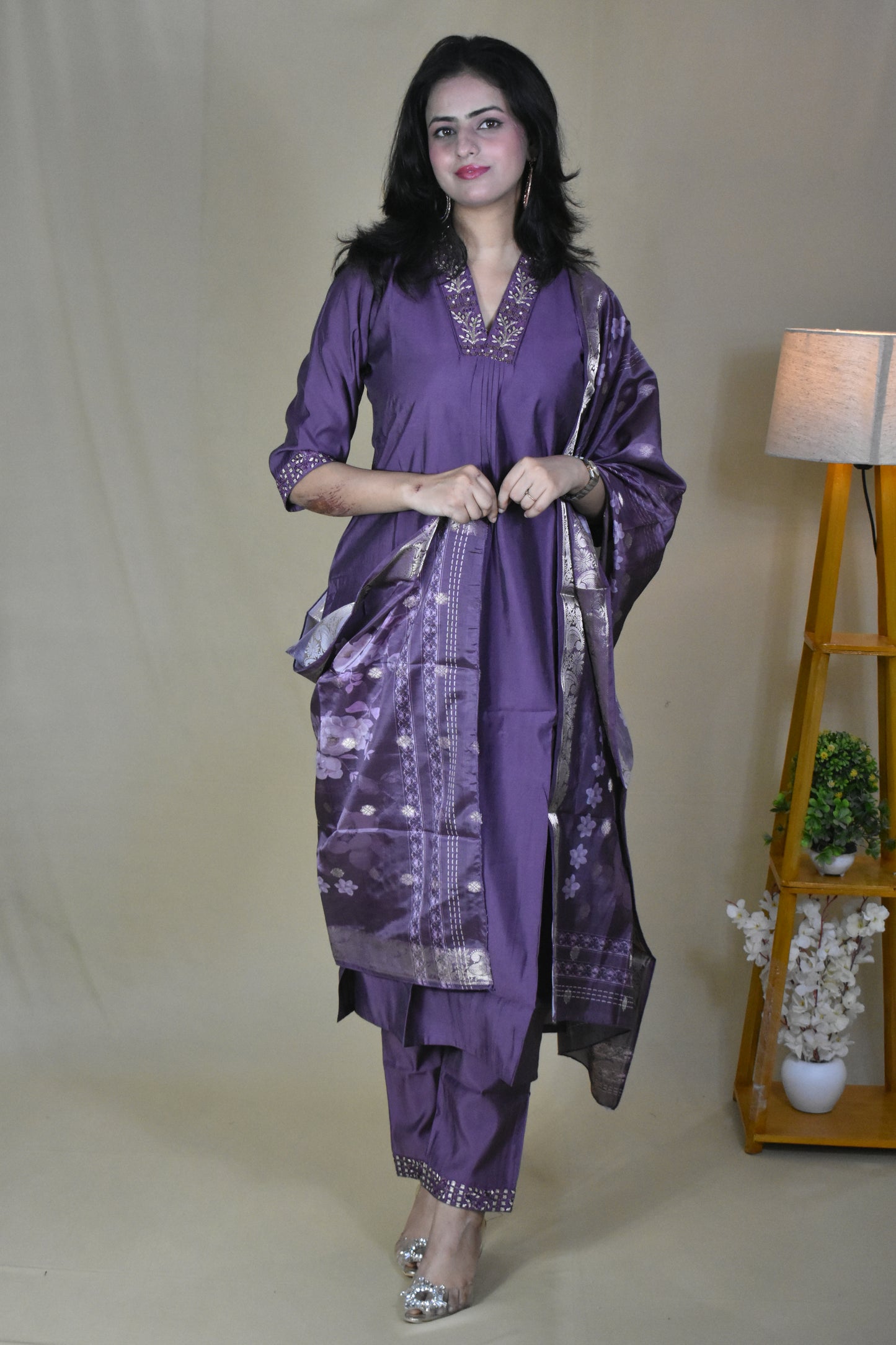 PRETTY PURPLE SILK BLEND V-NECK HAND WORK KURTA SET