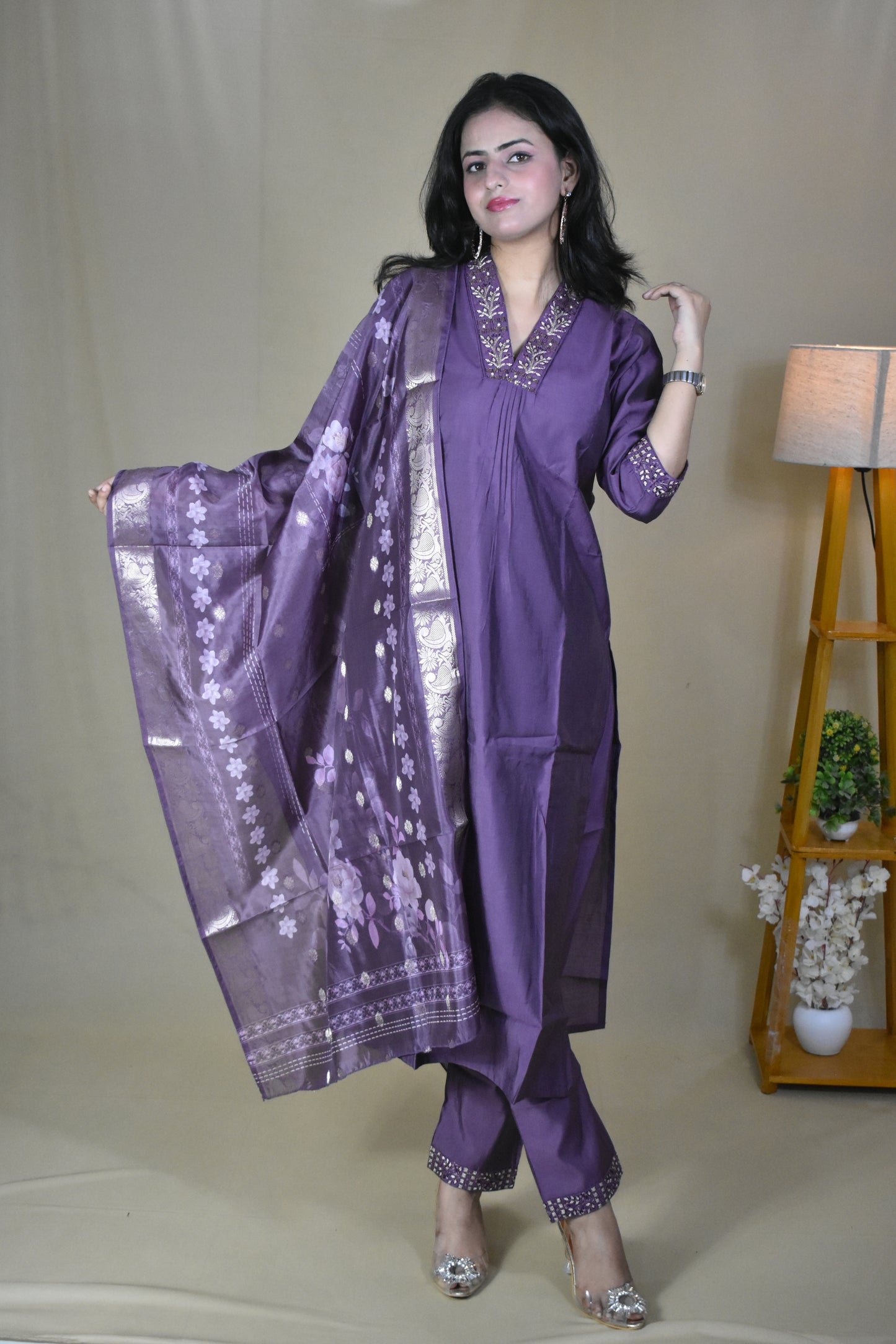 PRETTY PURPLE SILK BLEND V-NECK HAND WORK KURTA SET