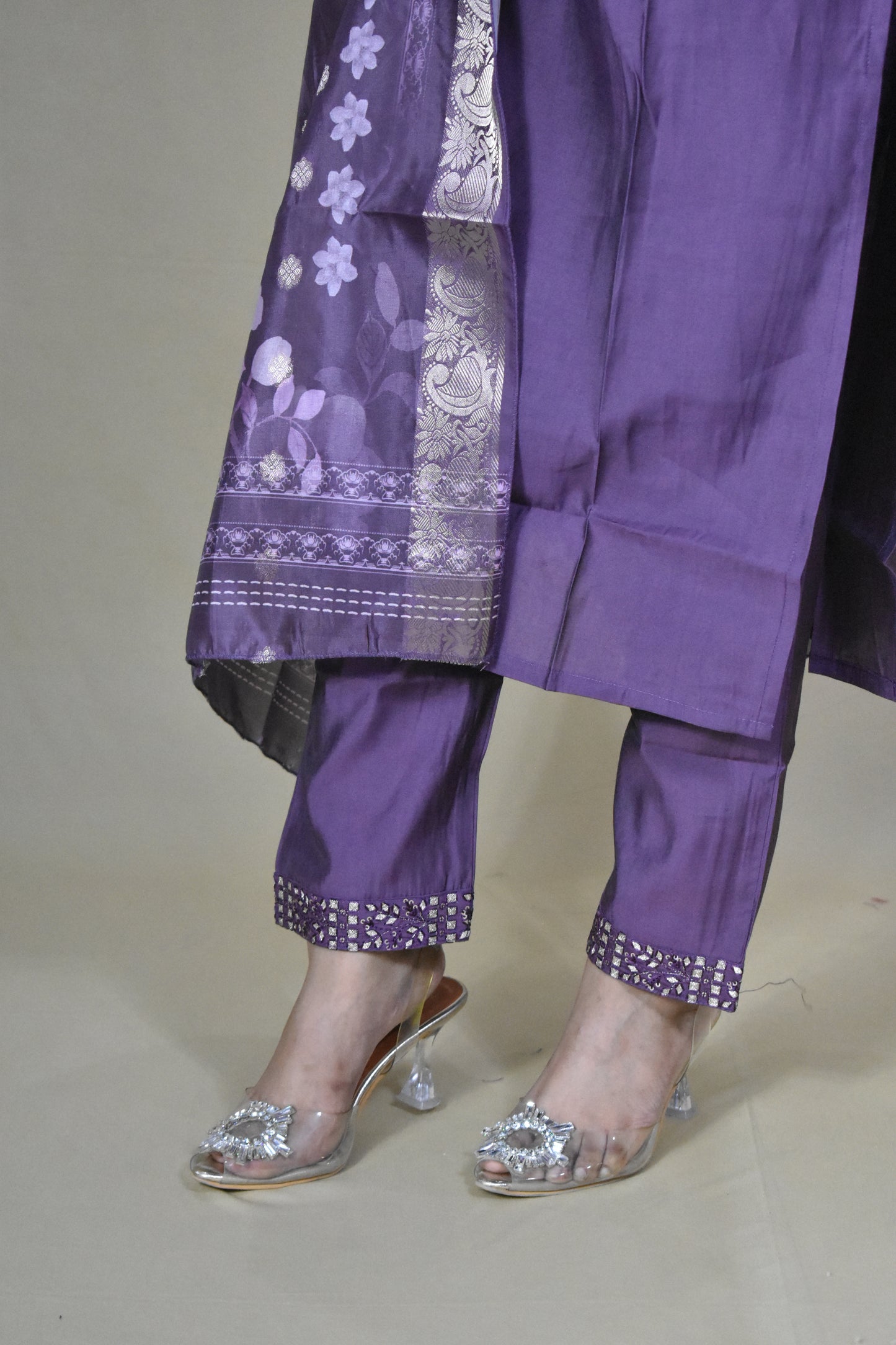 PRETTY PURPLE SILK BLEND V-NECK HAND WORK KURTA SET