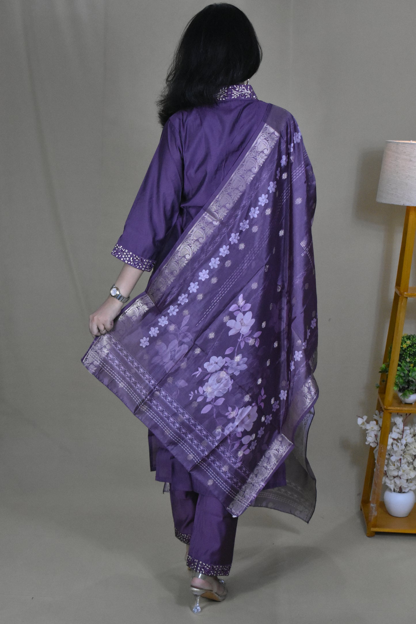 PRETTY PURPLE SILK BLEND V-NECK HAND WORK KURTA SET
