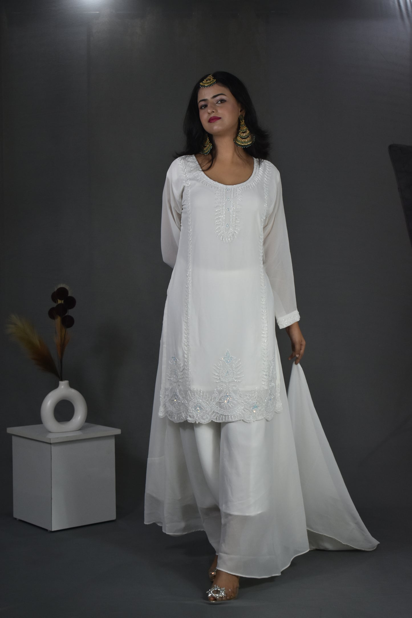 OFF WHITE HANDWORK KURTA WITH SHARARA AND DUPATTA