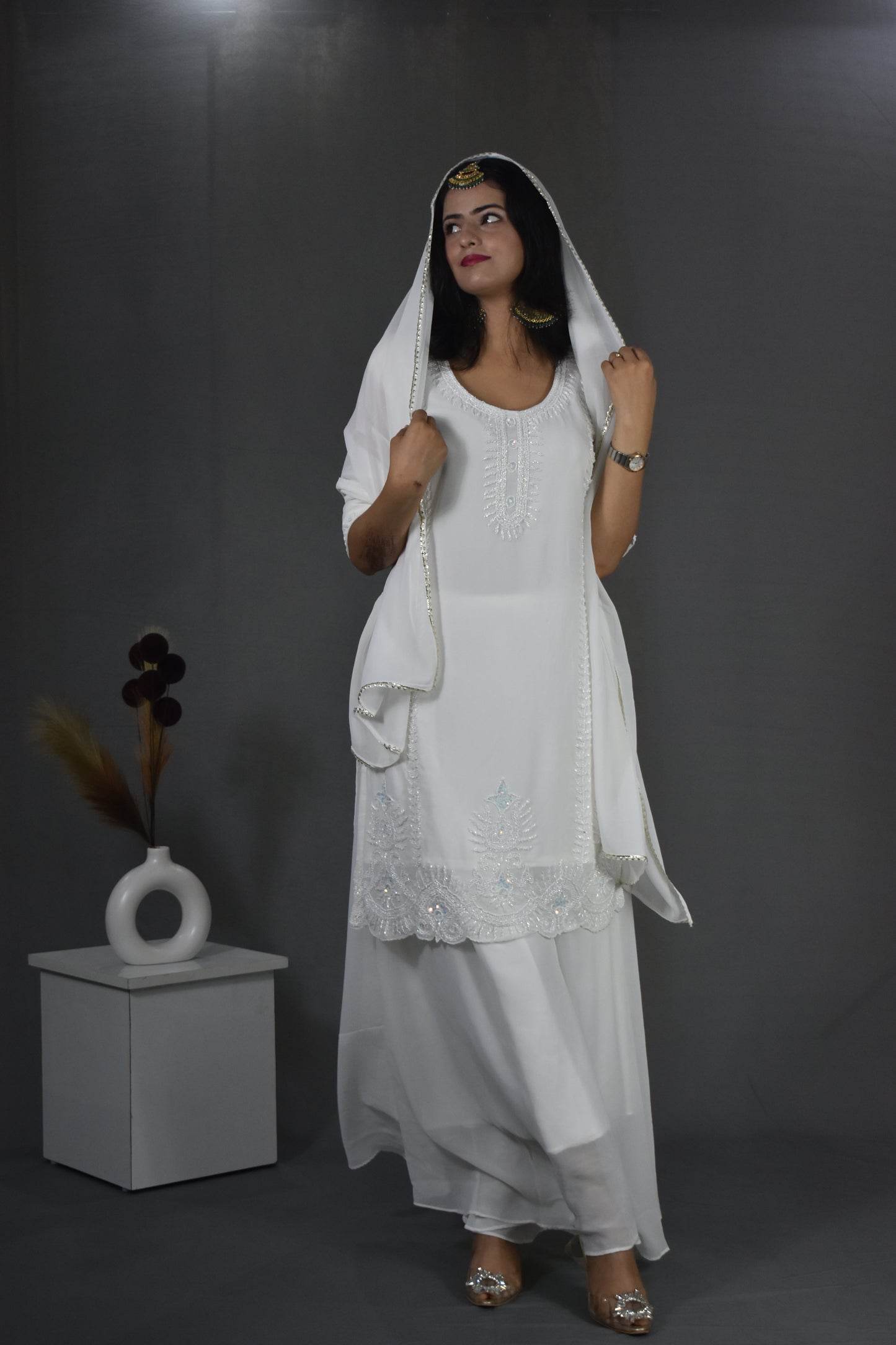 OFF WHITE HANDWORK KURTA WITH SHARARA AND DUPATTA