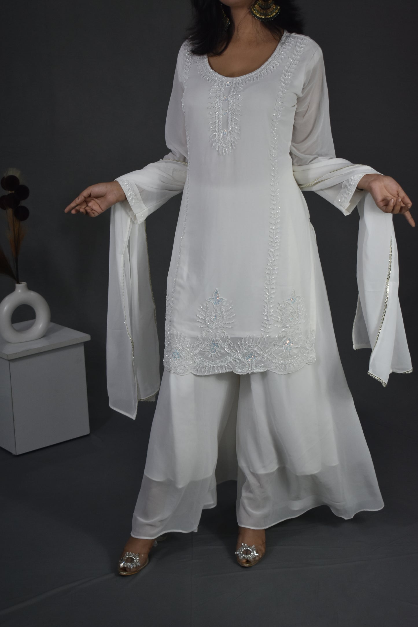 OFF WHITE HANDWORK KURTA WITH SHARARA AND DUPATTA