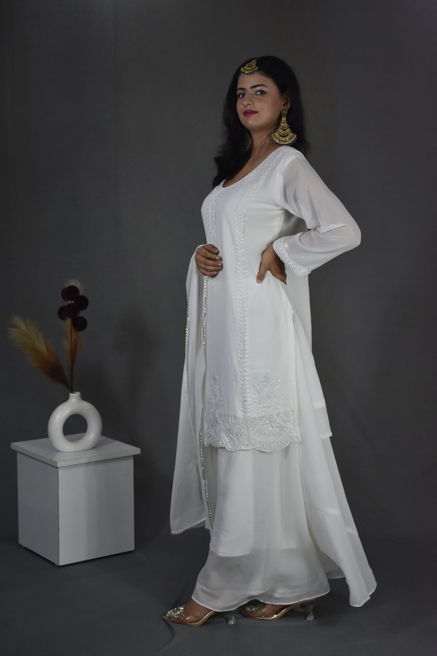 OFF WHITE HANDWORK KURTA WITH SHARARA AND DUPATTA
