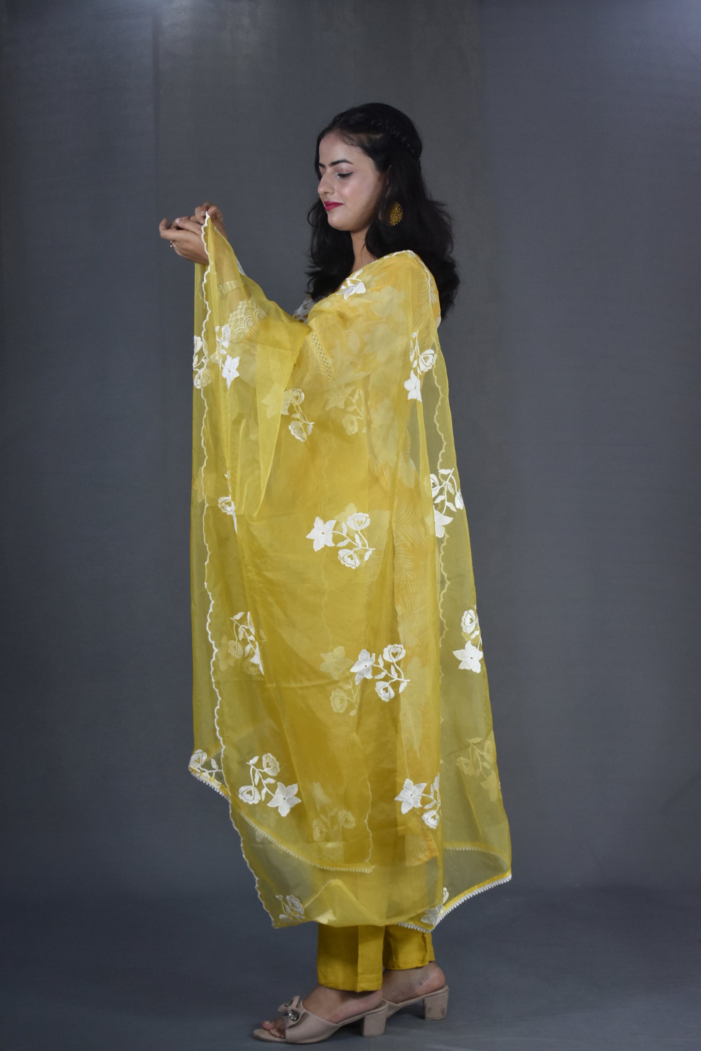 YELLOW SOFT ORGANZA DIGITAL PRINT SUIT SET