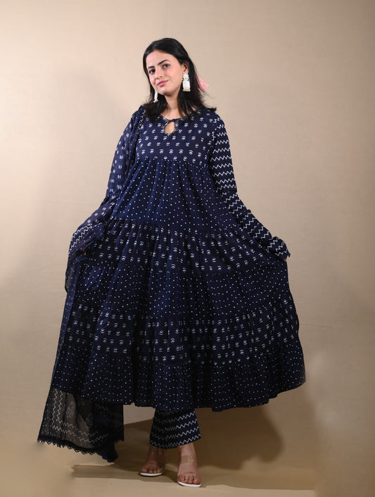 Indigo Full Flared Frock Suit Set