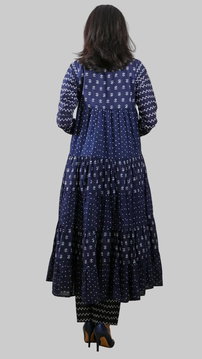 Indigo Full Flared Frock Suit Set