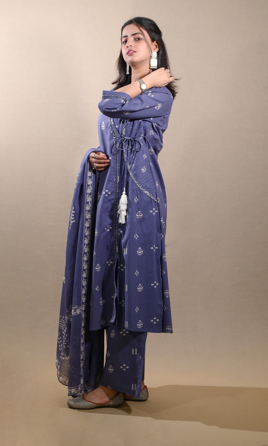 Khadi Cotton A-line Angrakha Grey Suit