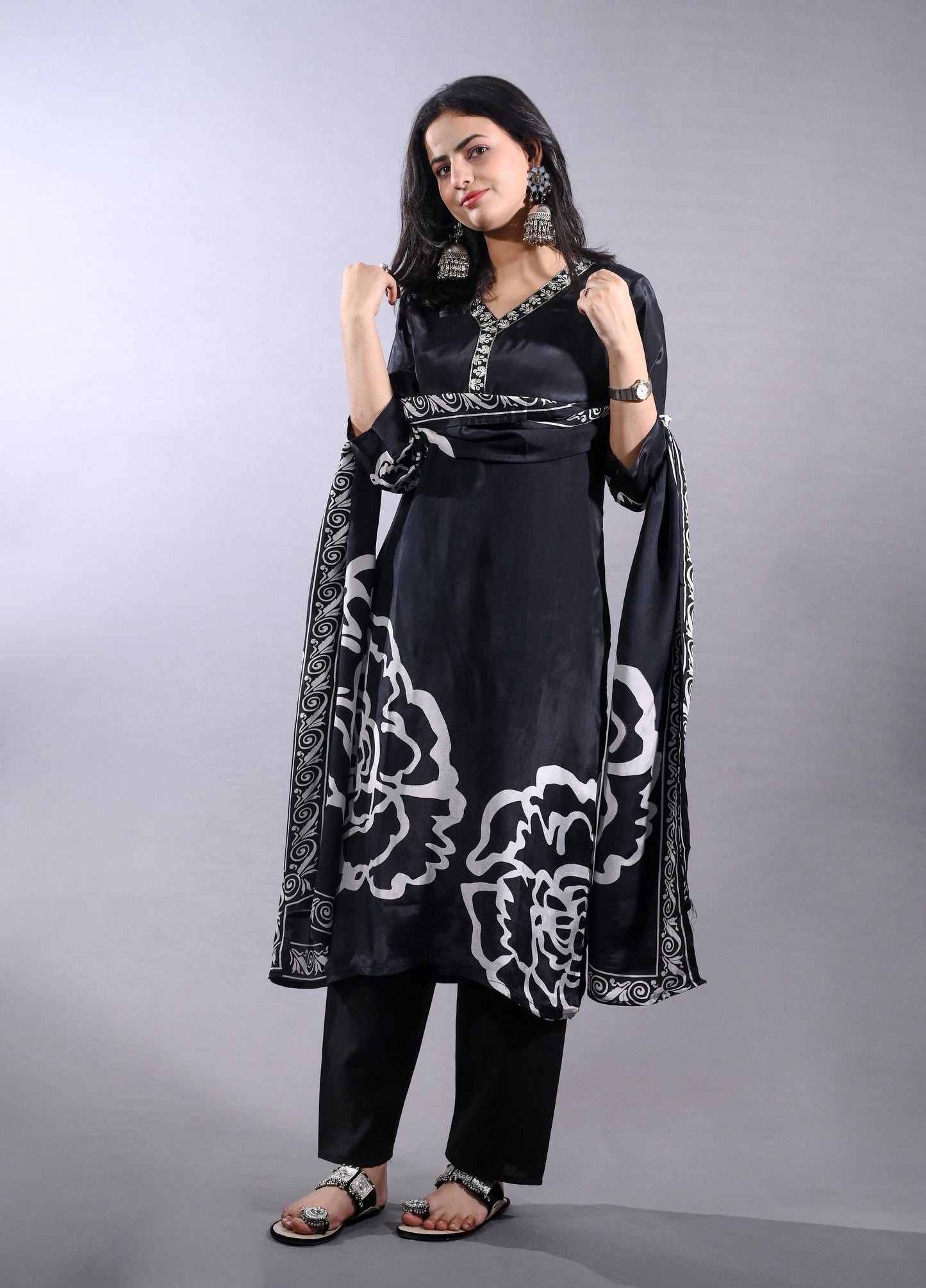 Black and White Printed Straight Fit Suit in Crepe Fabric