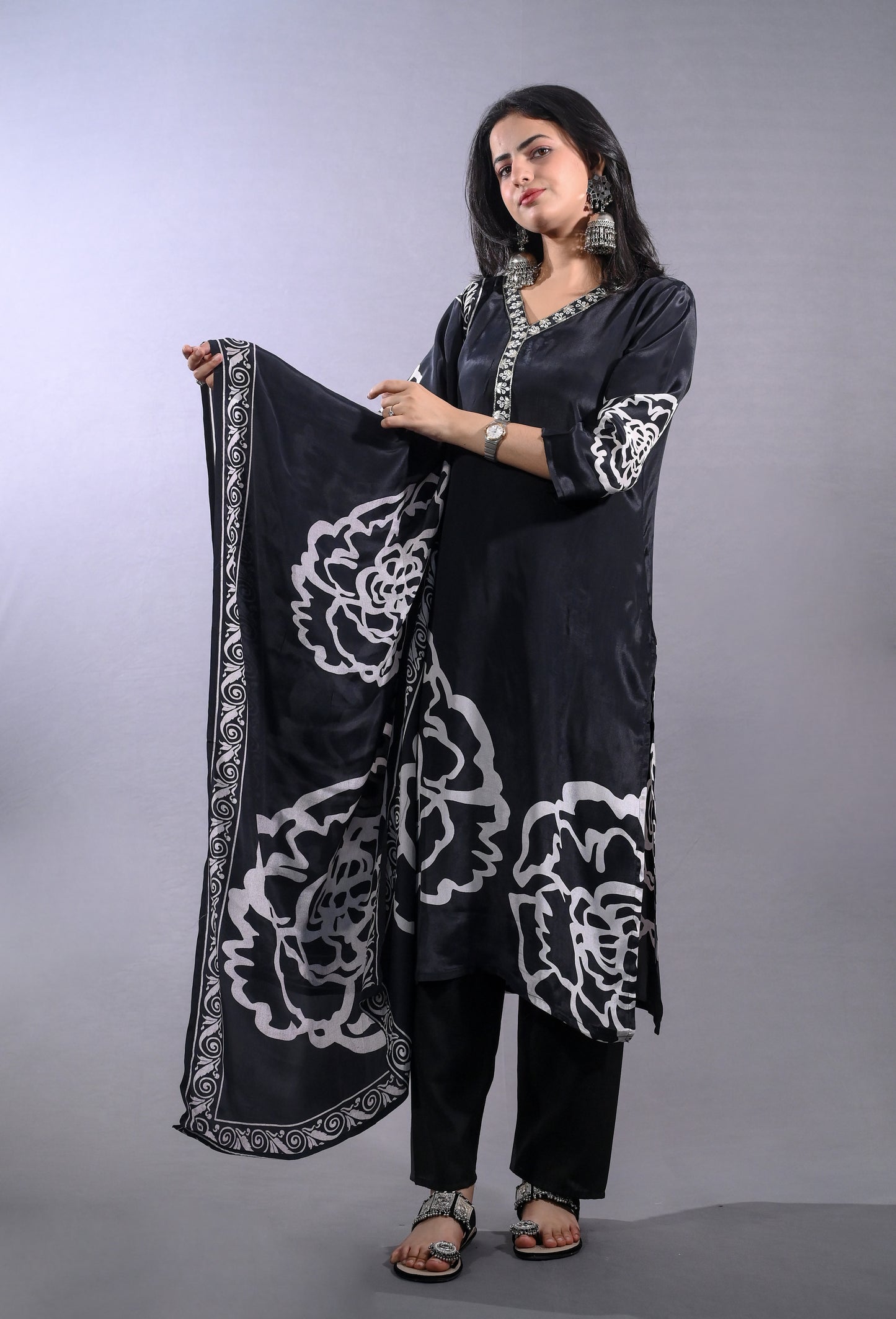Black and White Printed Straight Fit Suit in Crepe Fabric