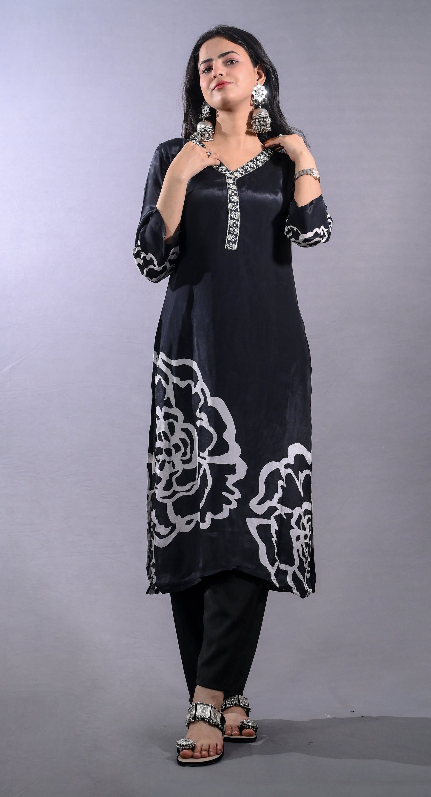 Black and White Printed Straight Fit Suit in Crepe Fabric