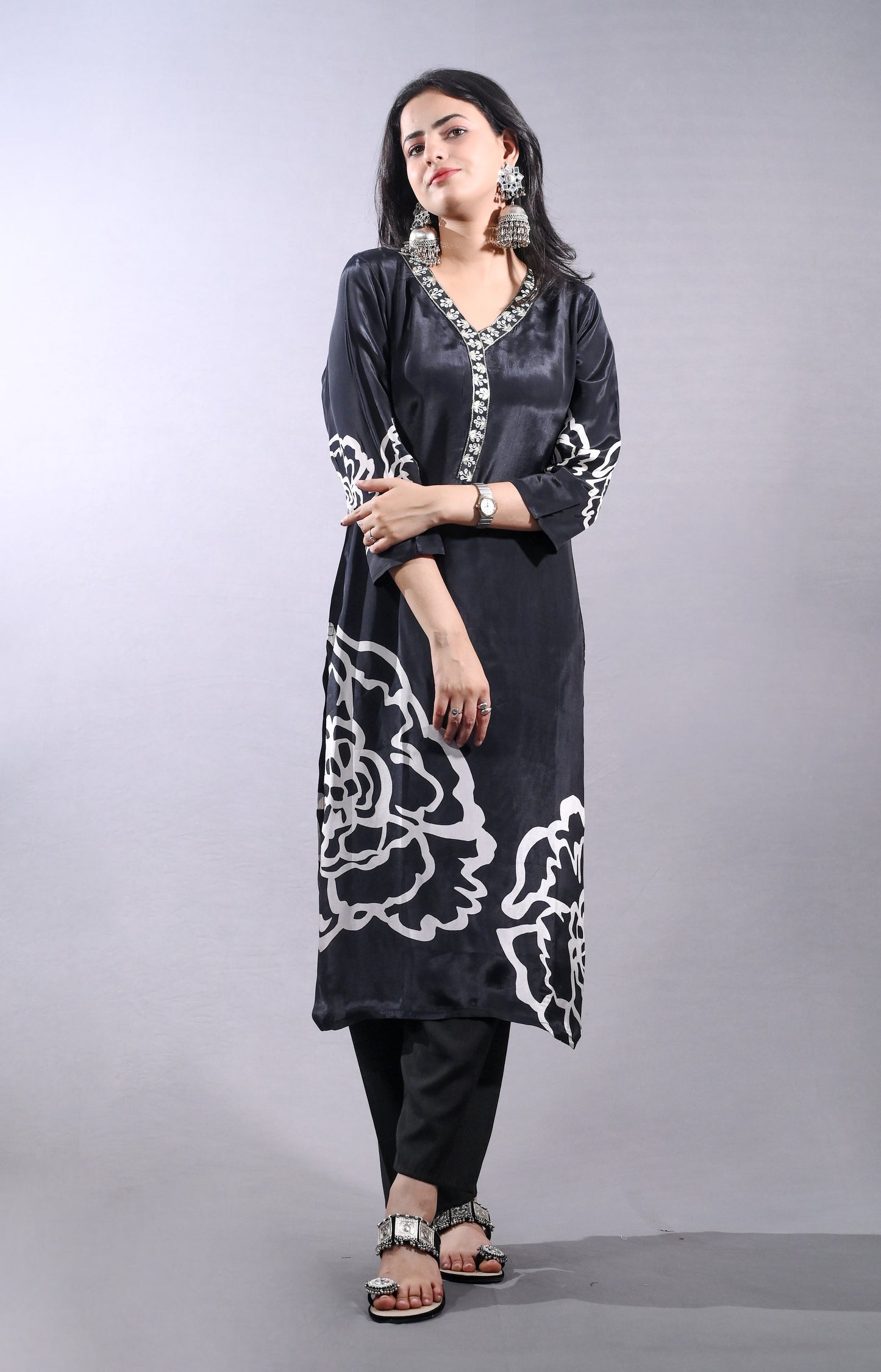 Black and White Printed Straight Fit Suit in Crepe Fabric