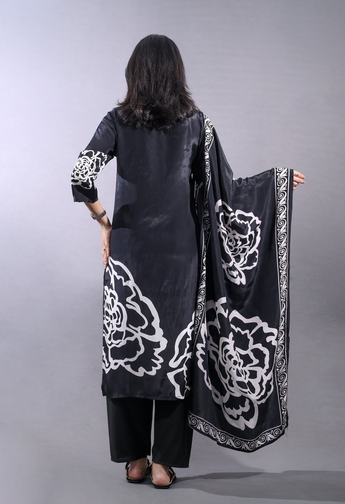 Black and White Printed Straight Fit Suit in Crepe Fabric