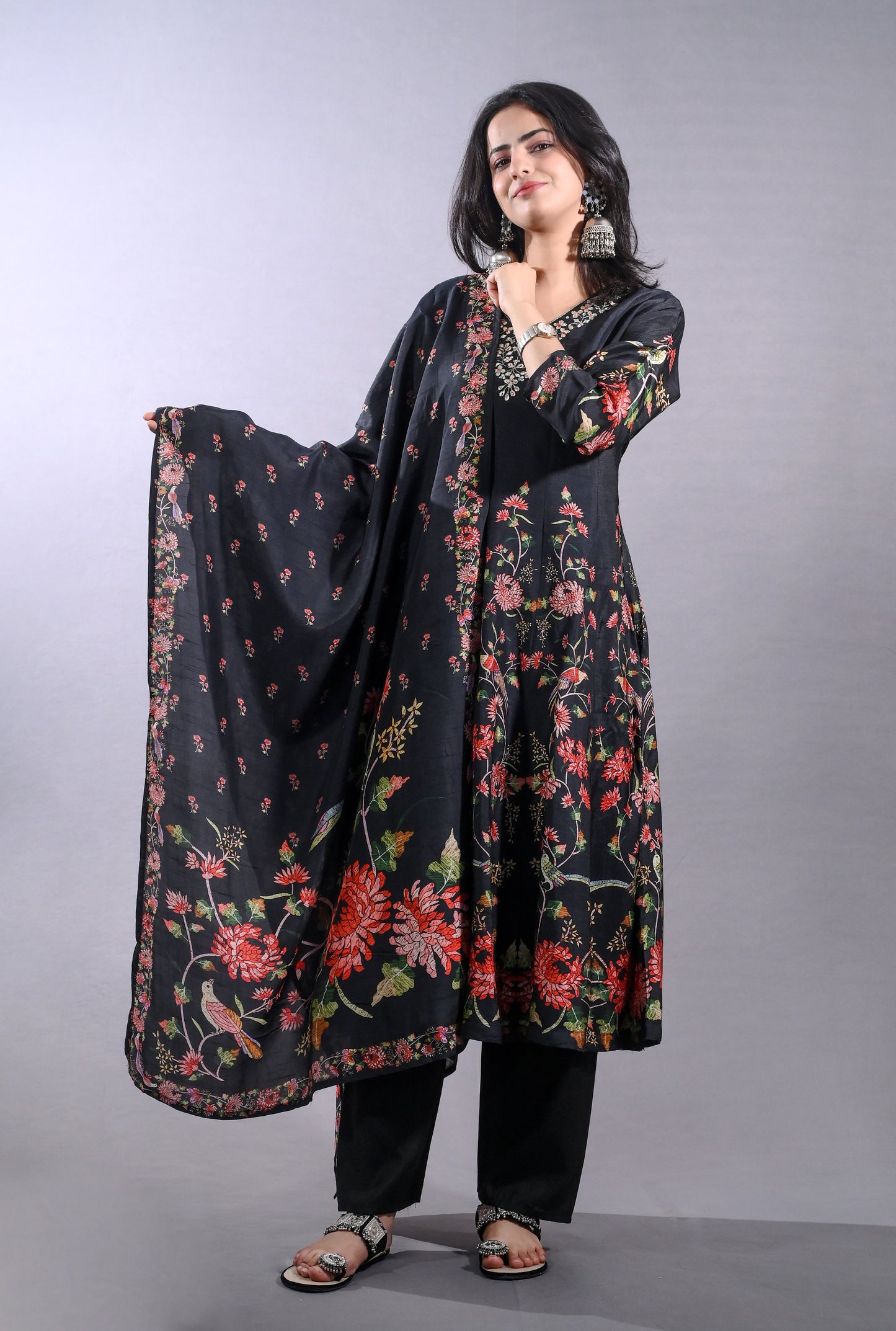 Elegant Dola Silk Black Anarkali Suit