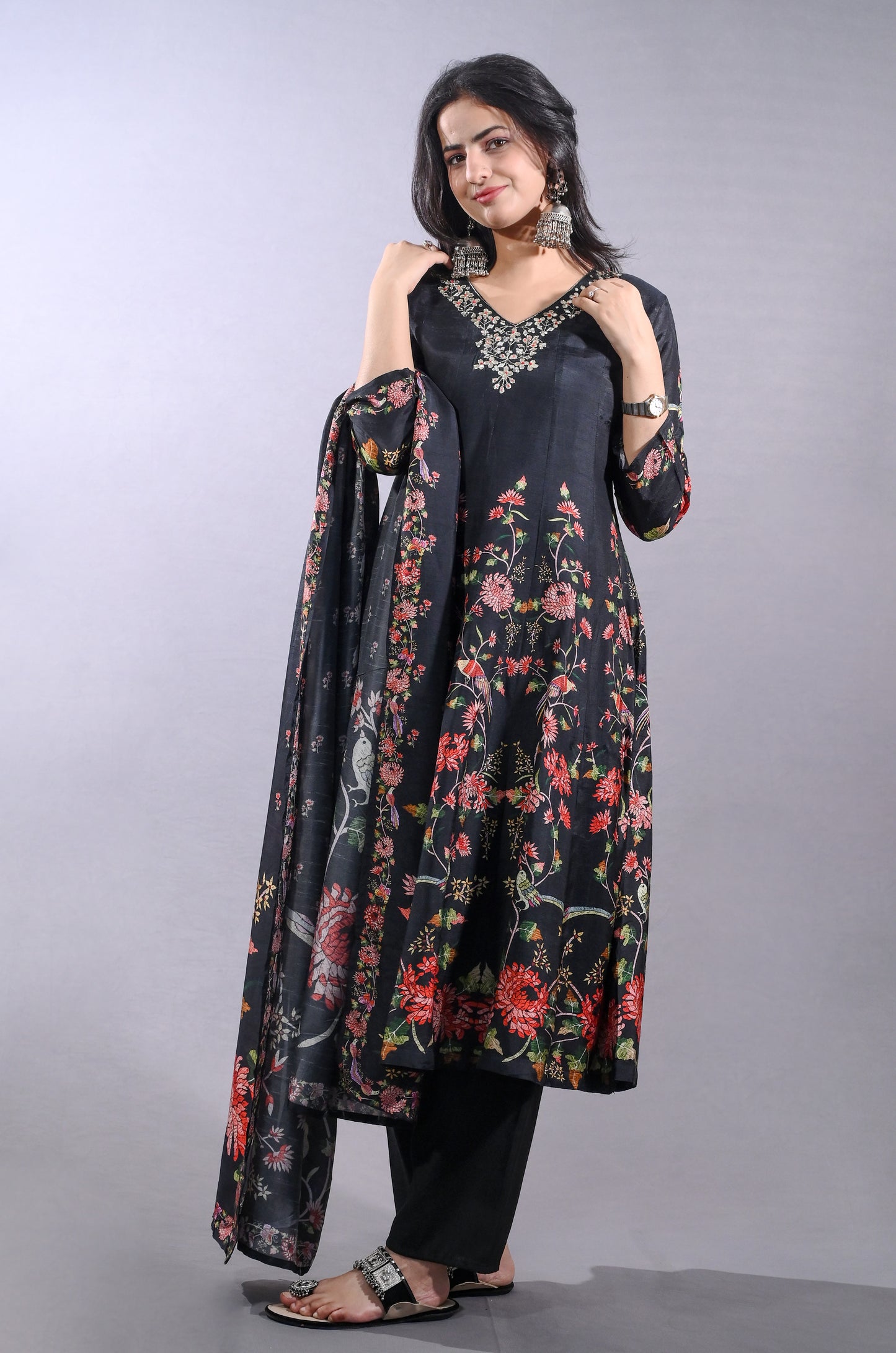 Elegant Dola Silk Black Anarkali Suit