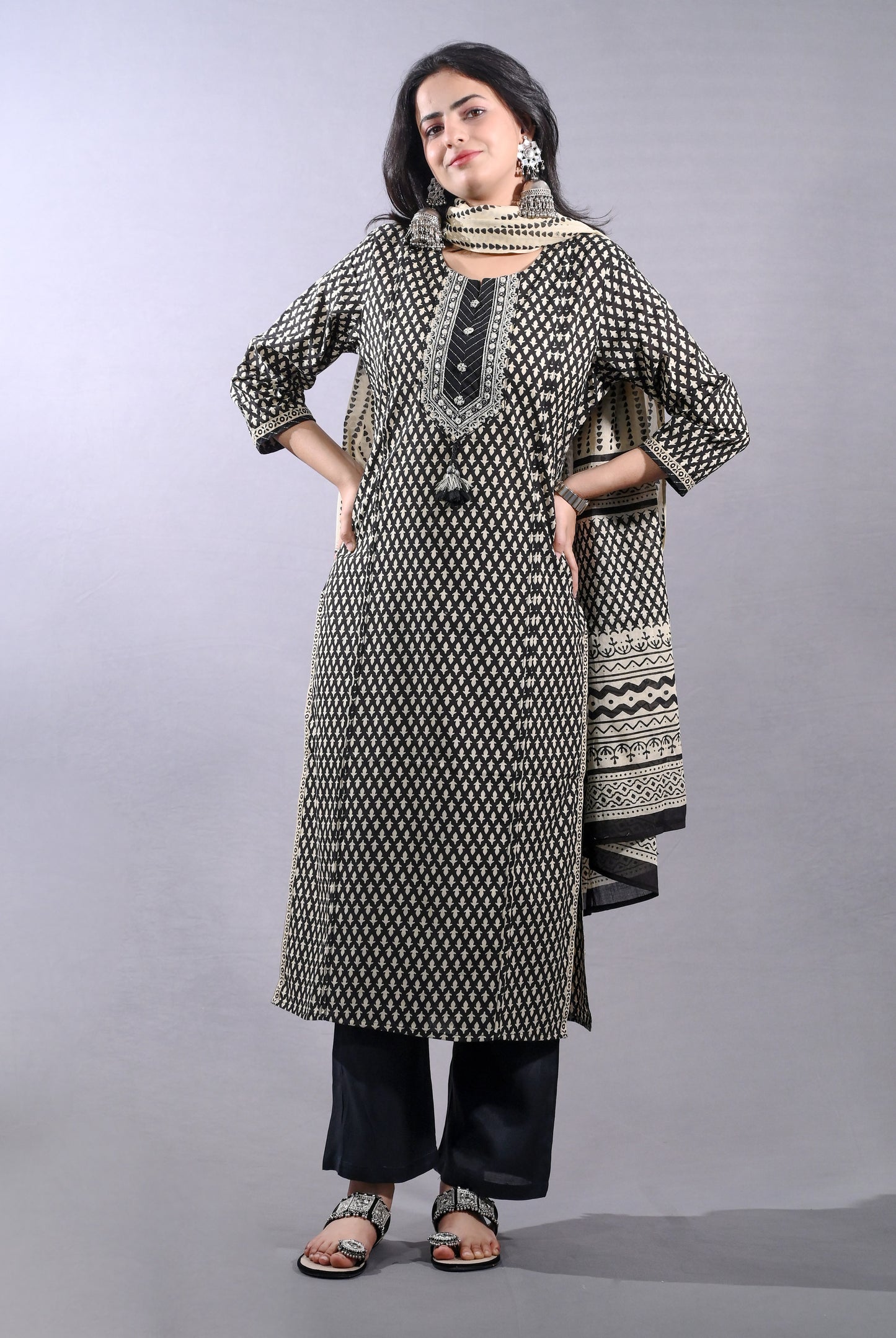 Black Printed Cotton Suit Set