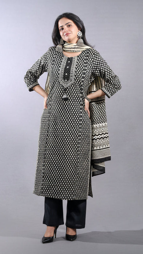 Black Printed Cotton Suit Set