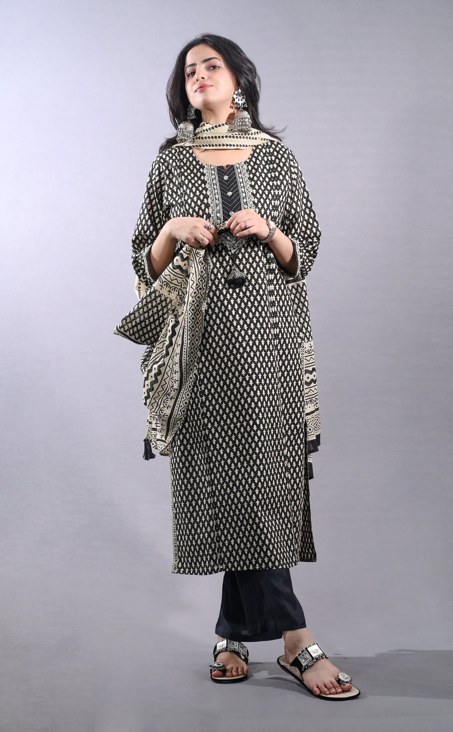Black Printed Cotton Suit Set
