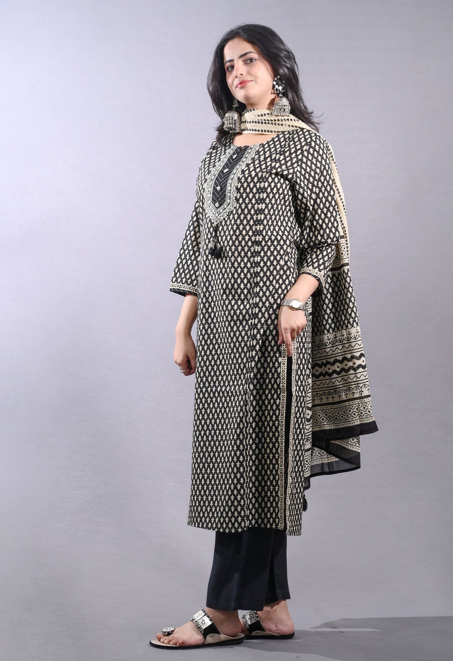 Black Printed Cotton Suit Set