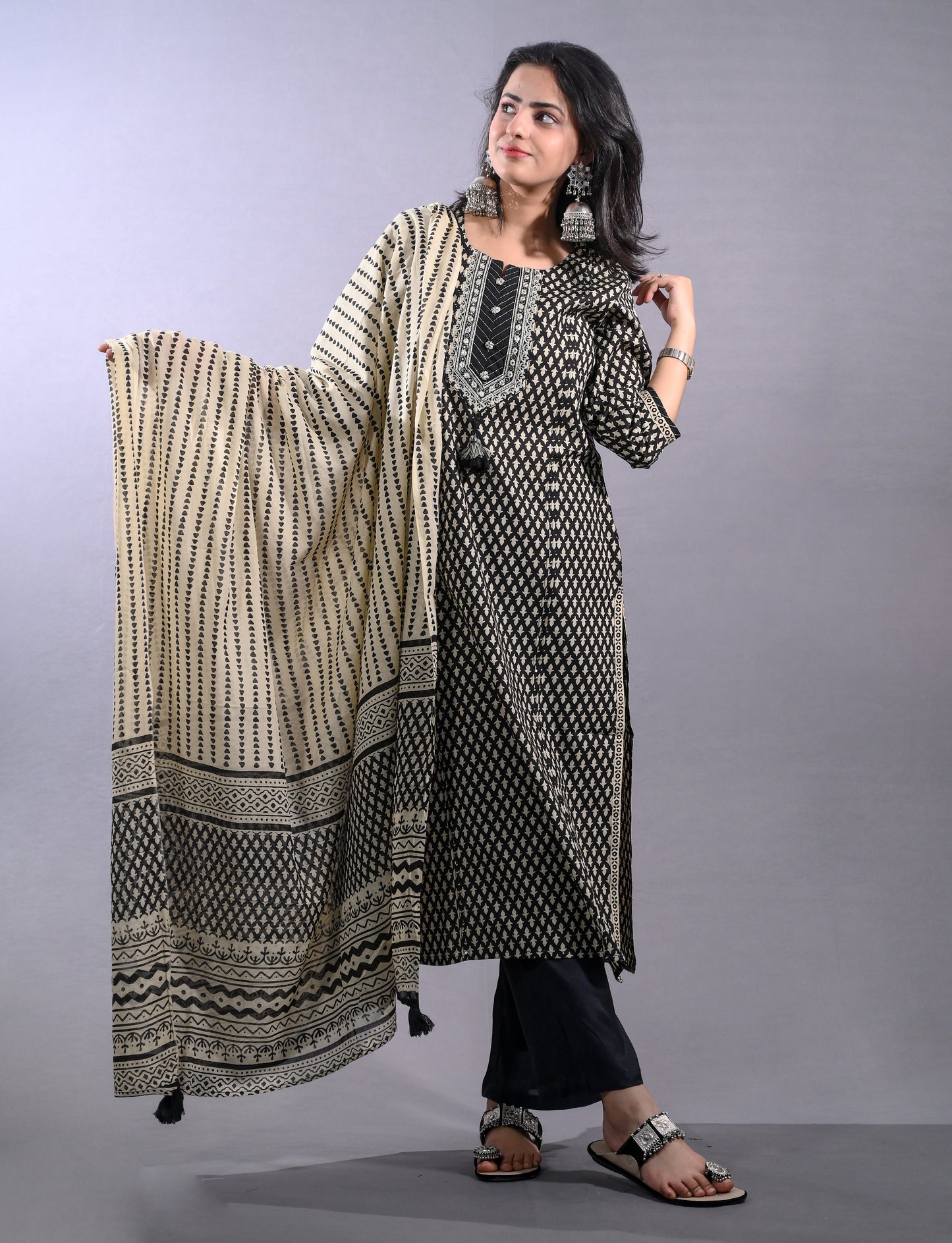 Black Printed Cotton Suit Set
