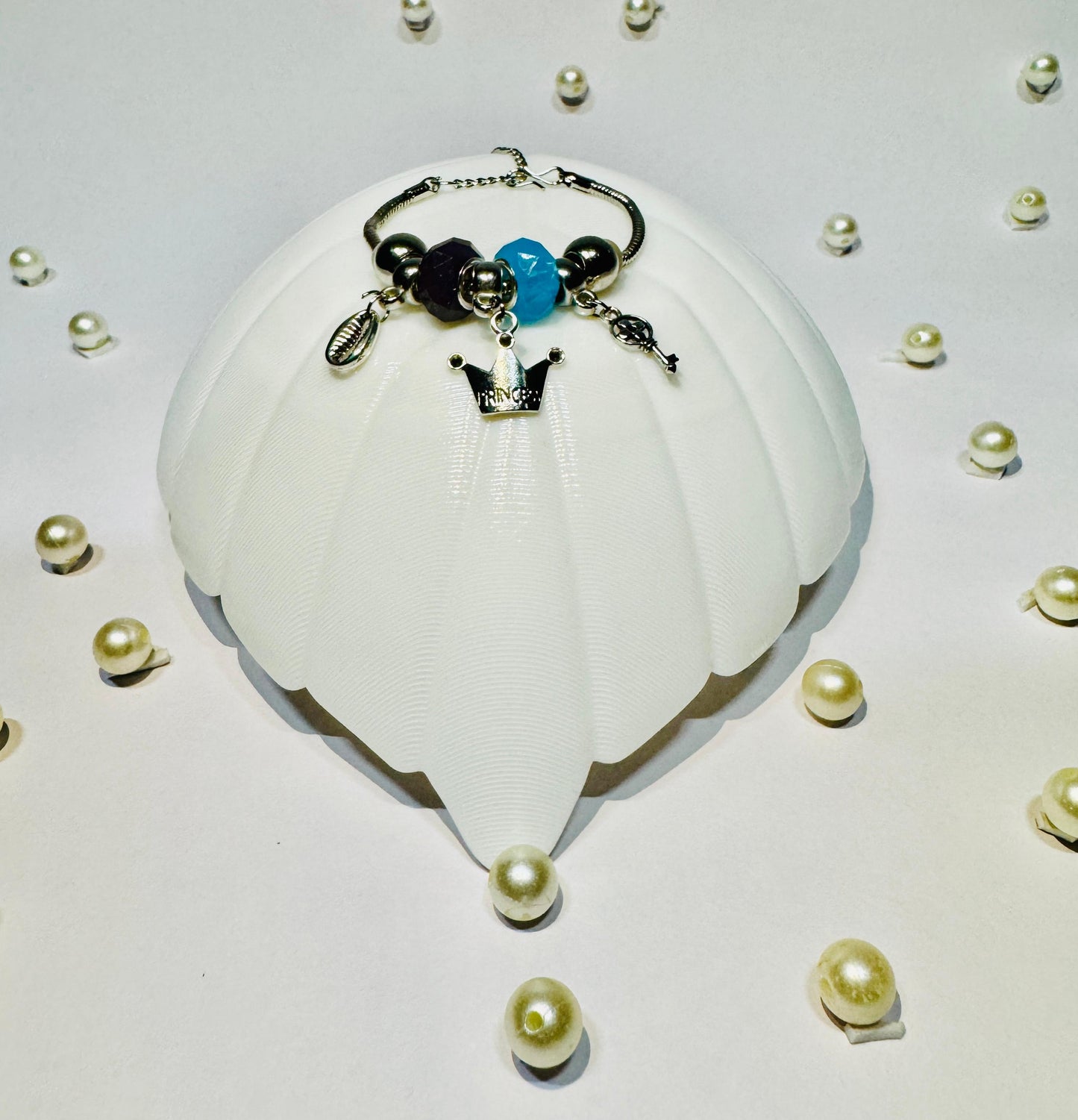 Stainless Steel Charm Bracelet with Blue Black Beads